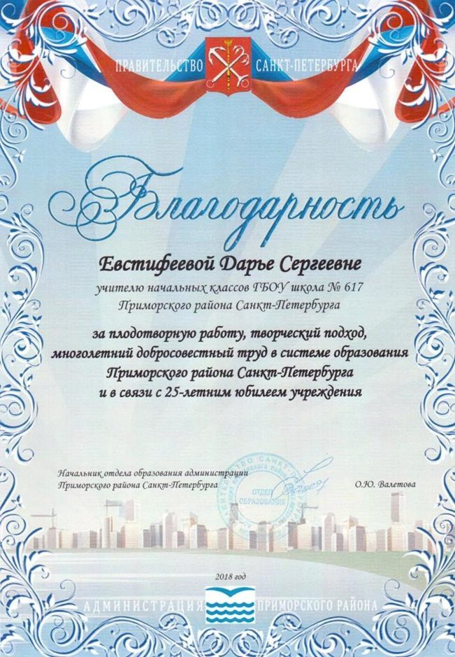 2018-2019 Евстифеева Д.С. (25 лет школе)
